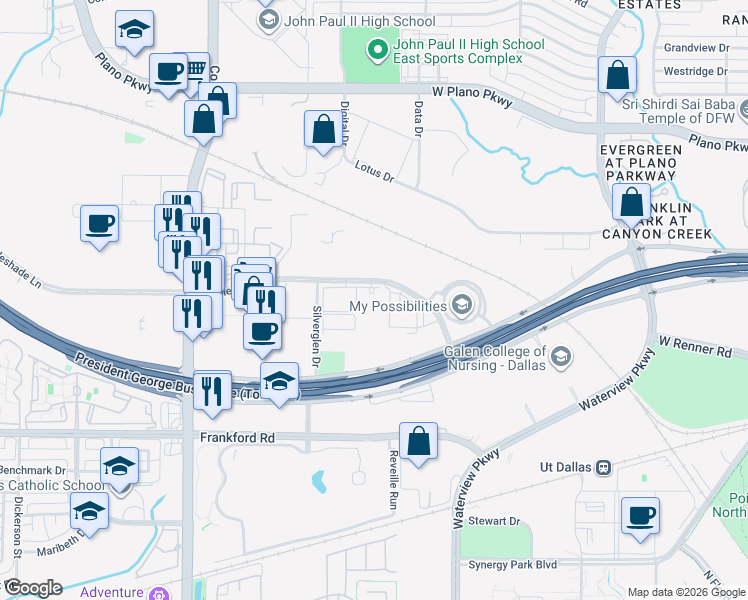 map of restaurants, bars, coffee shops, grocery stores, and more near 3670 Mapleshade Lane in Plano