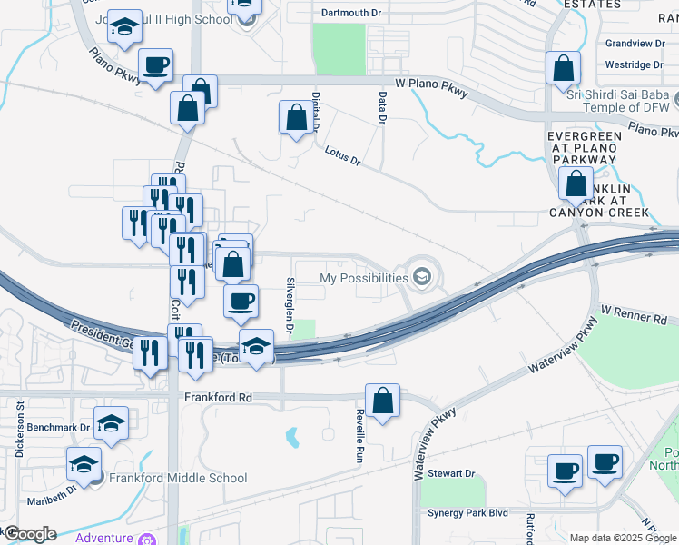 map of restaurants, bars, coffee shops, grocery stores, and more near 3670 Mapleshade Lane in Plano