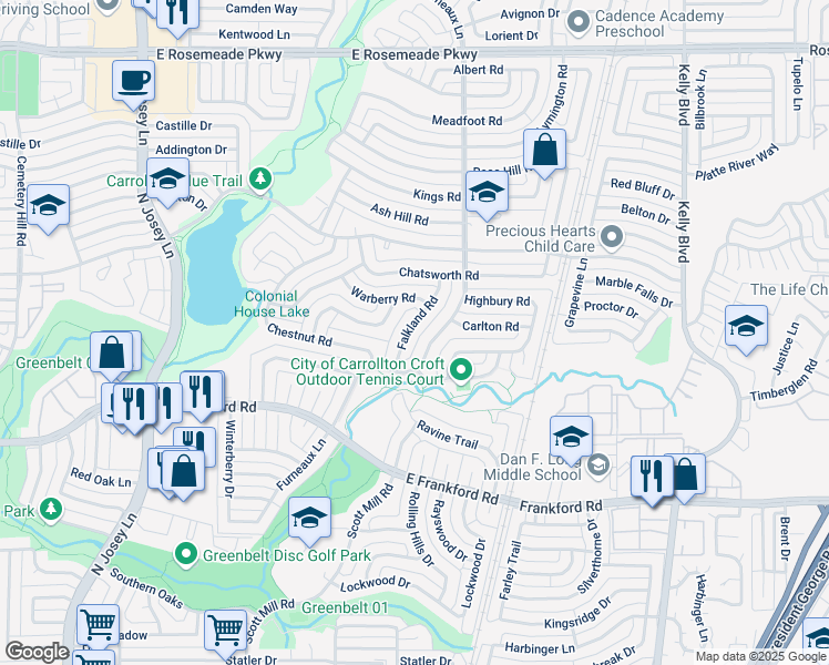 map of restaurants, bars, coffee shops, grocery stores, and more near 3120 Falkland Road in Carrollton