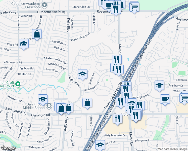 map of restaurants, bars, coffee shops, grocery stores, and more near 18319 Justice Lane in Dallas