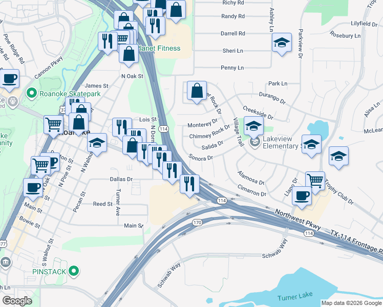 map of restaurants, bars, coffee shops, grocery stores, and more near 38 Sonora Drive in Trophy Club