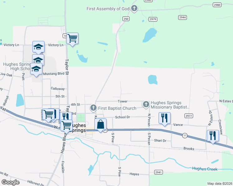 map of restaurants, bars, coffee shops, grocery stores, and more near 500 Keasler in Hughes Springs