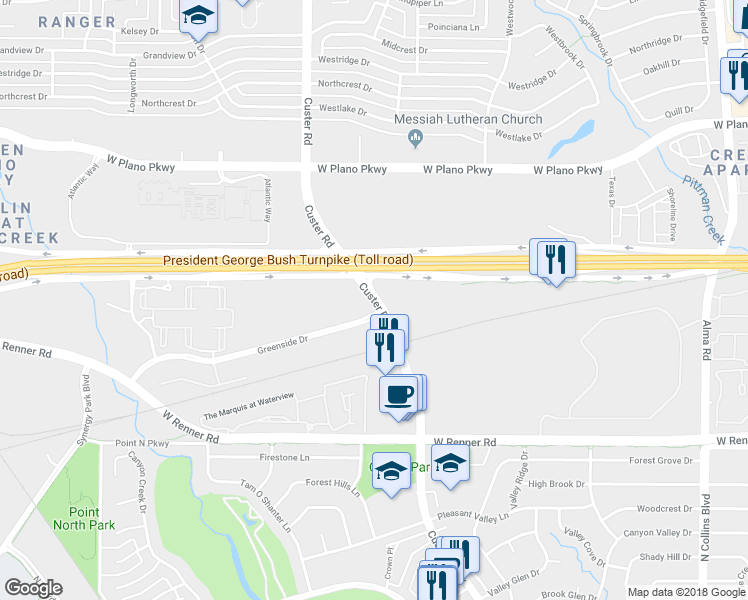 map of restaurants, bars, coffee shops, grocery stores, and more near 3643 Custer Parkway in Richardson
