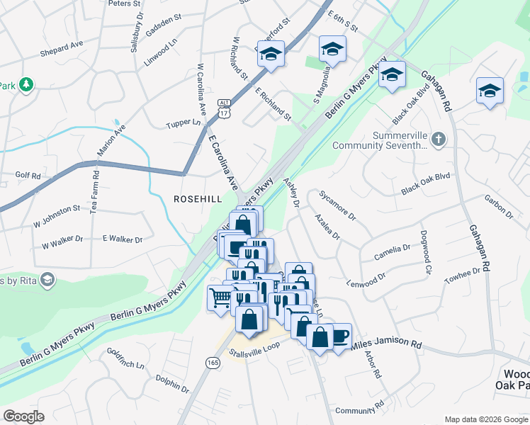 map of restaurants, bars, coffee shops, grocery stores, and more near 188 Berlin G Myers Parkway in Summerville