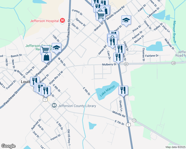 map of restaurants, bars, coffee shops, grocery stores, and more near 1003 Highland Road in Louisville