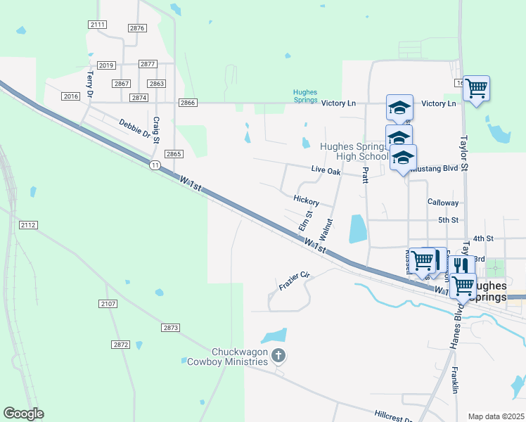 map of restaurants, bars, coffee shops, grocery stores, and more near 1004 West 1st in Hughes Springs