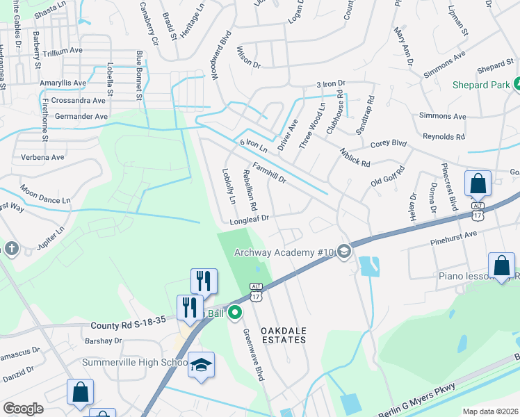 map of restaurants, bars, coffee shops, grocery stores, and more near 104 Pine Forest Boulevard in Summerville