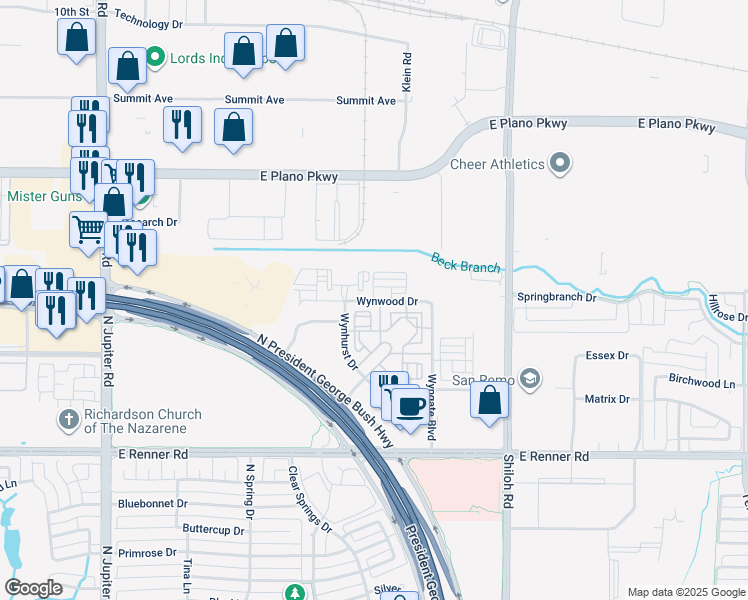 map of restaurants, bars, coffee shops, grocery stores, and more near 3401 Wynwood Drive in Plano