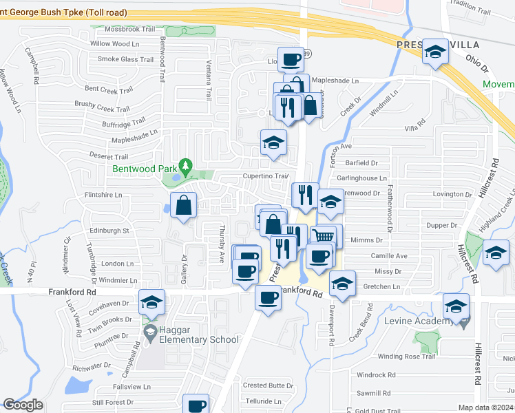 map of restaurants, bars, coffee shops, grocery stores, and more near 6215 Bentwood Trail in Dallas