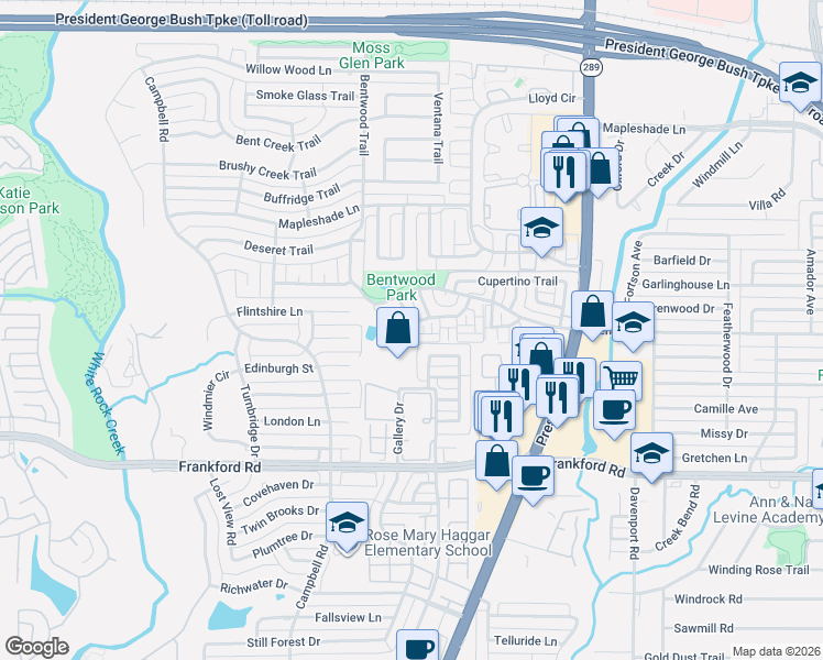 map of restaurants, bars, coffee shops, grocery stores, and more near 18424 Woodpond Place in Dallas