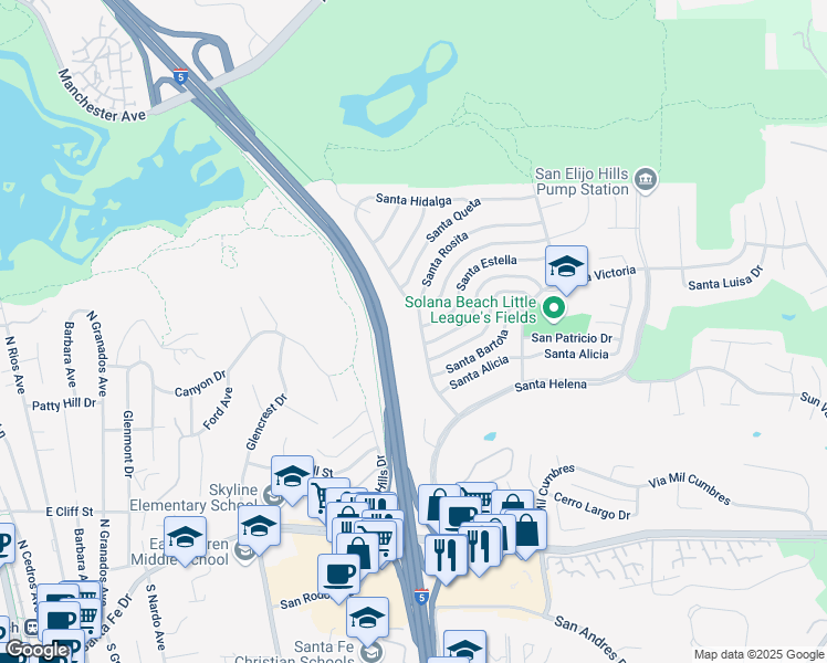 map of restaurants, bars, coffee shops, grocery stores, and more near 745 Santa Rosita in Solana Beach