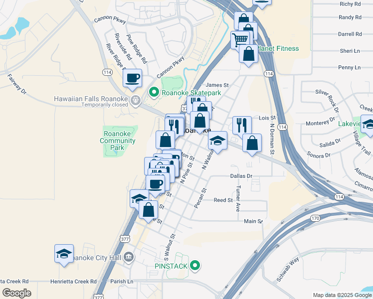 map of restaurants, bars, coffee shops, grocery stores, and more near 104 Houston Street in Roanoke