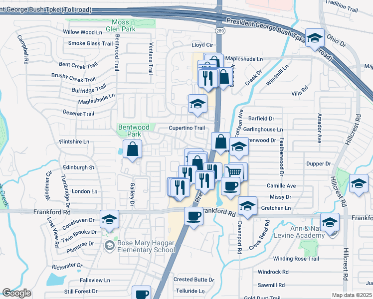 map of restaurants, bars, coffee shops, grocery stores, and more near 6215 Bentwood Trail in Dallas