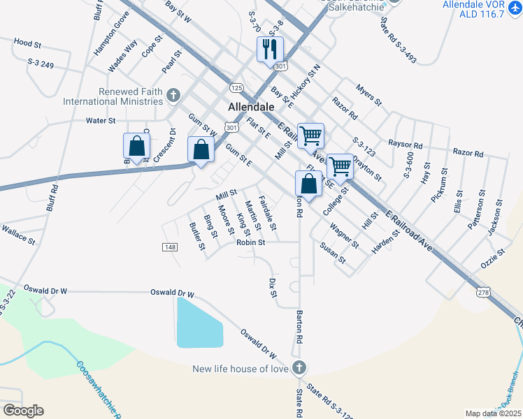 map of restaurants, bars, coffee shops, grocery stores, and more near 154 Fairdale Street in Allendale