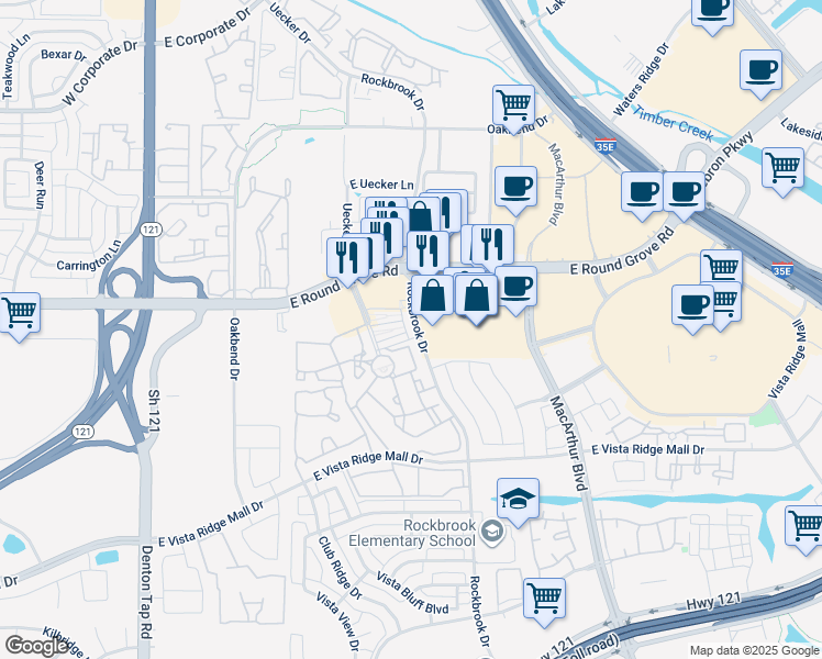 map of restaurants, bars, coffee shops, grocery stores, and more near 420 Farm to Market Road 3040 in Lewisville