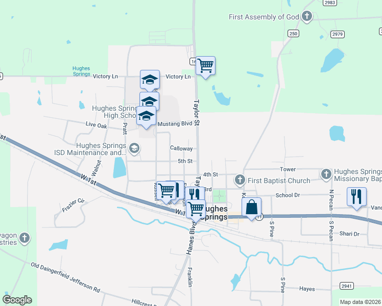 map of restaurants, bars, coffee shops, grocery stores, and more near 510 Taylor Street in Hughes Springs