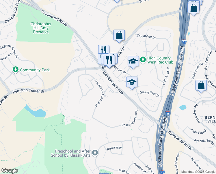 map of restaurants, bars, coffee shops, grocery stores, and more near 11275 Avenida De Los Lobos in San Diego