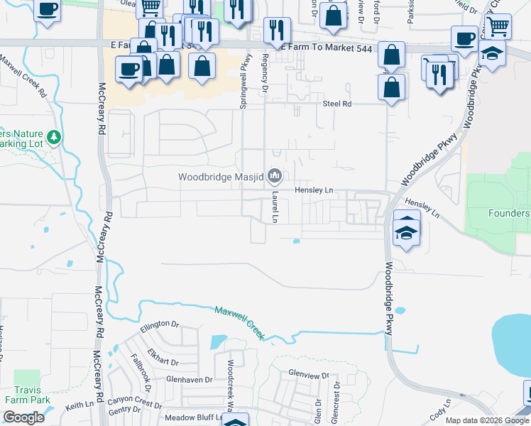 map of restaurants, bars, coffee shops, grocery stores, and more near 607 Laurel Lane in Wylie