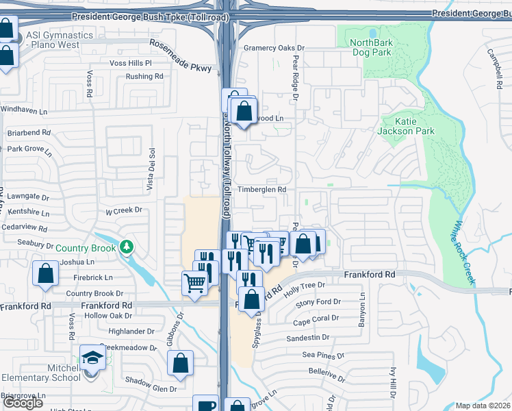 map of restaurants, bars, coffee shops, grocery stores, and more near 3 Dallas Parkway in Dallas