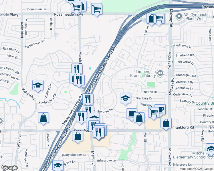 map of restaurants, bars, coffee shops, grocery stores, and more near 3653 Timberglen Road in Dallas