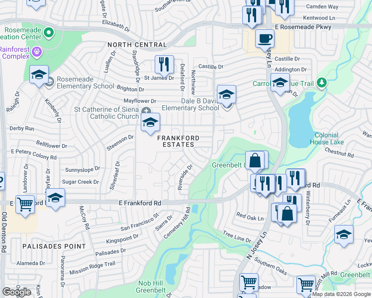 map of restaurants, bars, coffee shops, grocery stores, and more near 3160 Delaford Drive in Carrollton