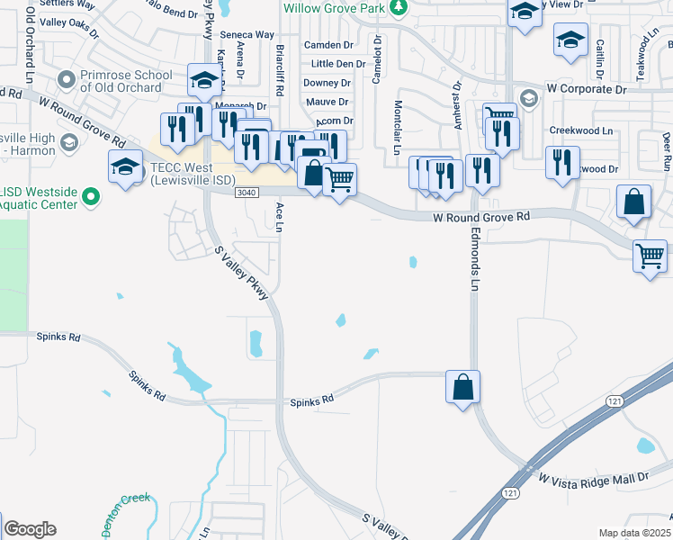 map of restaurants, bars, coffee shops, grocery stores, and more near 940 West Round Grove Road in Lewisville