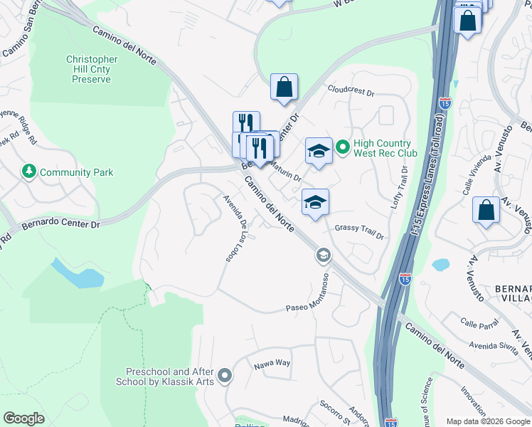 map of restaurants, bars, coffee shops, grocery stores, and more near 11263 Avenida De Los Lobos in San Diego