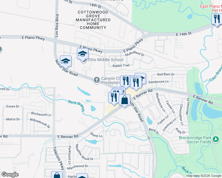 map of restaurants, bars, coffee shops, grocery stores, and more near 4008 Kyndra Circle in Richardson