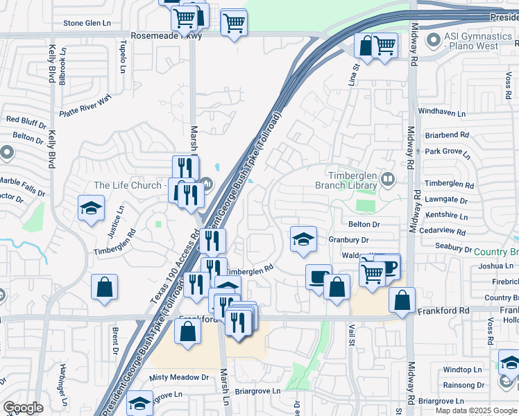 map of restaurants, bars, coffee shops, grocery stores, and more near 3653 Timberglen Road in Dallas