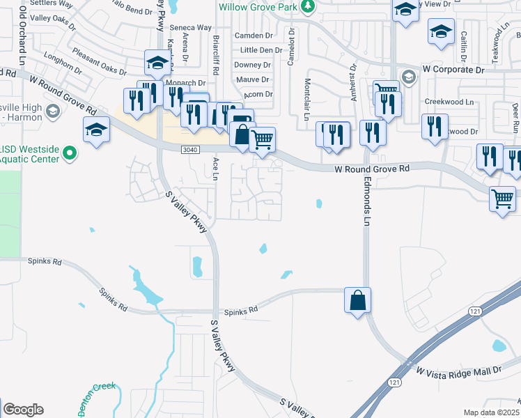 map of restaurants, bars, coffee shops, grocery stores, and more near 940 West Round Grove Road in Lewisville