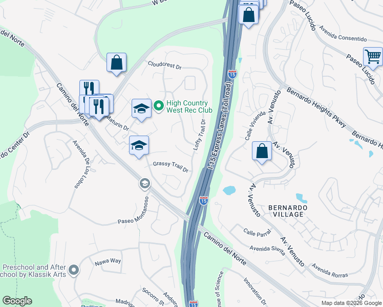 map of restaurants, bars, coffee shops, grocery stores, and more near 11470 Windy Summit Place in San Diego