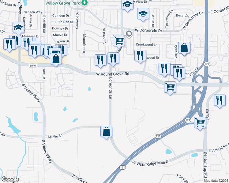 map of restaurants, bars, coffee shops, grocery stores, and more near 2501 Edmonds Lane in Lewisville