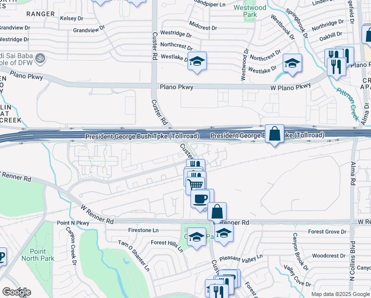 map of restaurants, bars, coffee shops, grocery stores, and more near 3669 Custer Parkway in Richardson