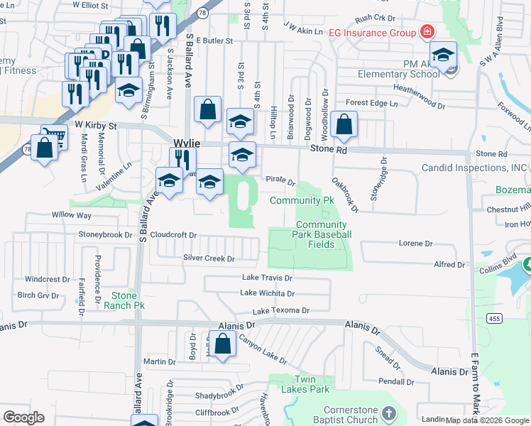 map of restaurants, bars, coffee shops, grocery stores, and more near 516 Hilltop Lane in Wylie