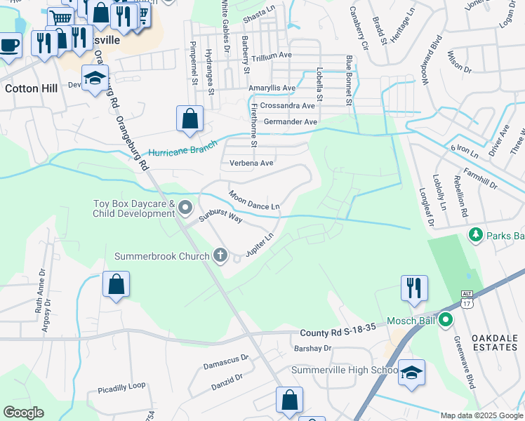 map of restaurants, bars, coffee shops, grocery stores, and more near 227 Moon Dance Lane in Summerville