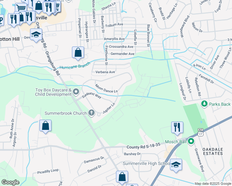 map of restaurants, bars, coffee shops, grocery stores, and more near 219 Moon Dance Lane in Summerville