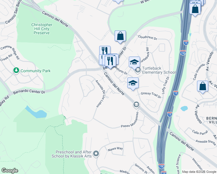 map of restaurants, bars, coffee shops, grocery stores, and more near 11275 Avenida De Los Lobos in San Diego
