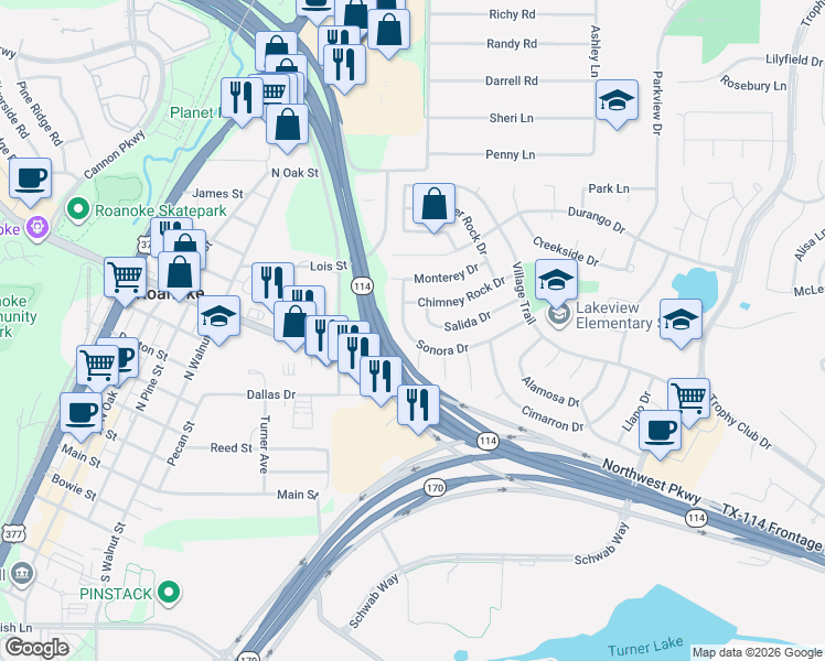 map of restaurants, bars, coffee shops, grocery stores, and more near 44 Sonora Drive in Trophy Club