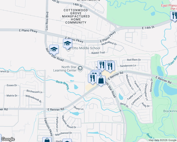 map of restaurants, bars, coffee shops, grocery stores, and more near 4008 Kyndra Circle in Richardson