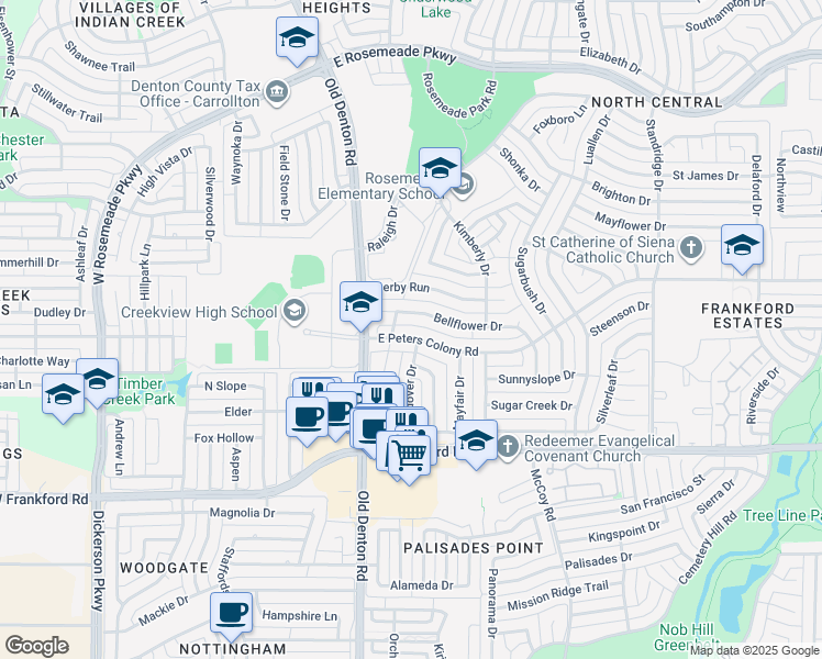 map of restaurants, bars, coffee shops, grocery stores, and more near 1014 Bellflower Drive in Carrollton
