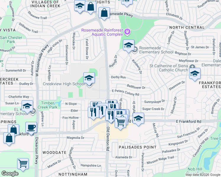 map of restaurants, bars, coffee shops, grocery stores, and more near 1004 Bellflower Court in Carrollton