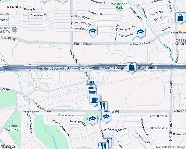 map of restaurants, bars, coffee shops, grocery stores, and more near 3650 Custer Parkway in Richardson