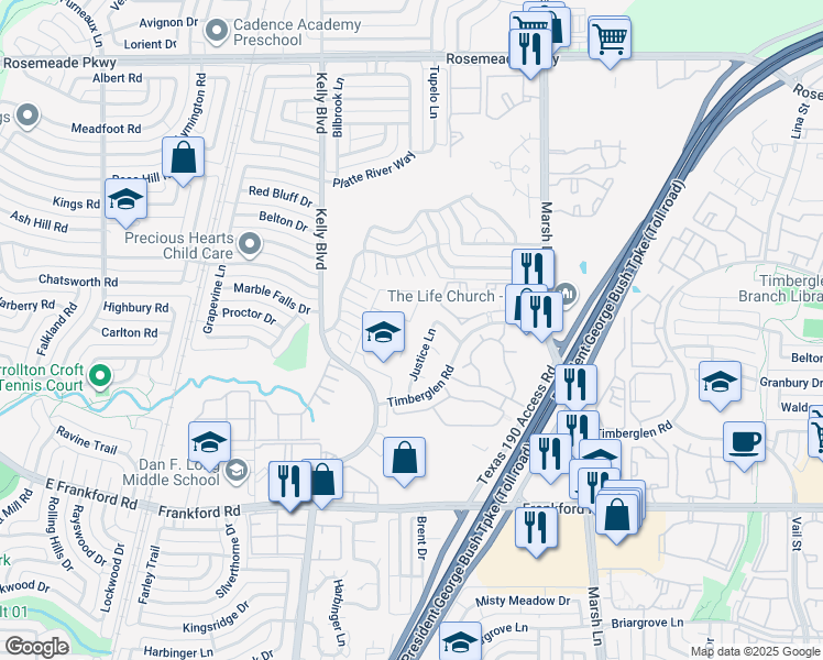 map of restaurants, bars, coffee shops, grocery stores, and more near 18540 Shadow Ridge Drive in Dallas