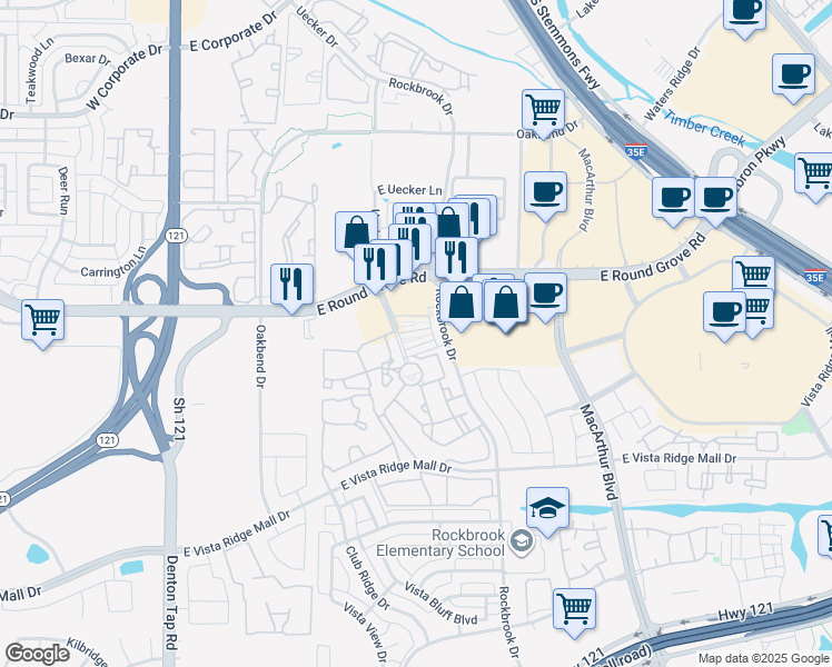 map of restaurants, bars, coffee shops, grocery stores, and more near 2500 Rockbrook Drive in Lewisville