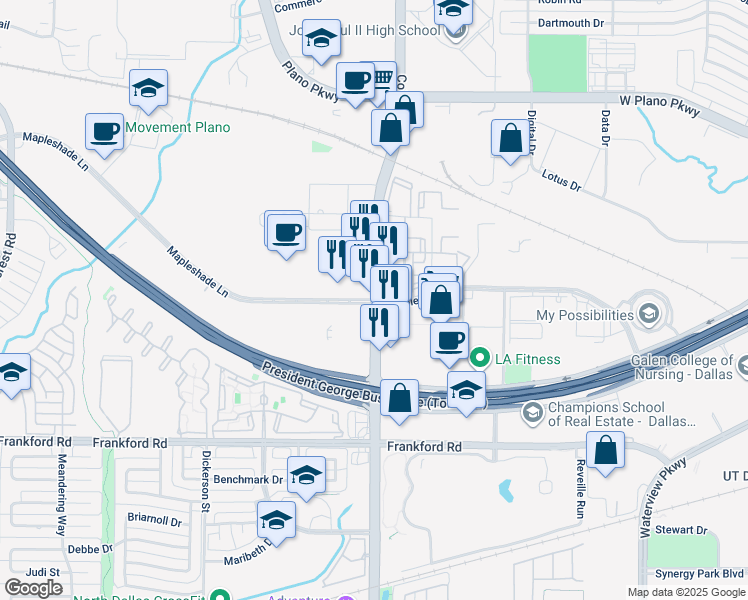 map of restaurants, bars, coffee shops, grocery stores, and more near 3961 Mapleshade Lane in Plano