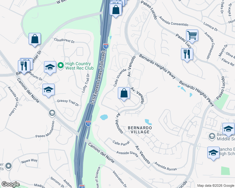 map of restaurants, bars, coffee shops, grocery stores, and more near 11738 Via Medanos in San Diego