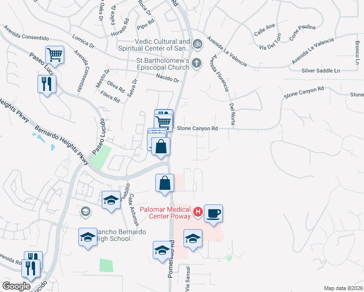 map of restaurants, bars, coffee shops, grocery stores, and more near 15929 Pomerado Rd in Poway