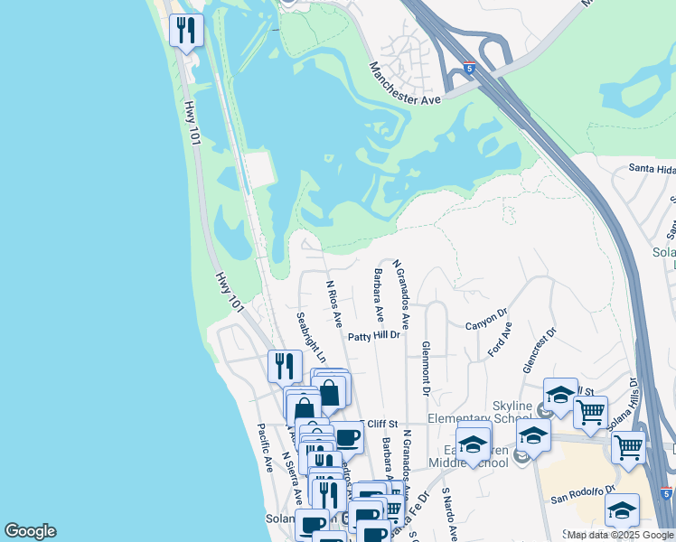map of restaurants, bars, coffee shops, grocery stores, and more near 206 Gibson Point in Solana Beach