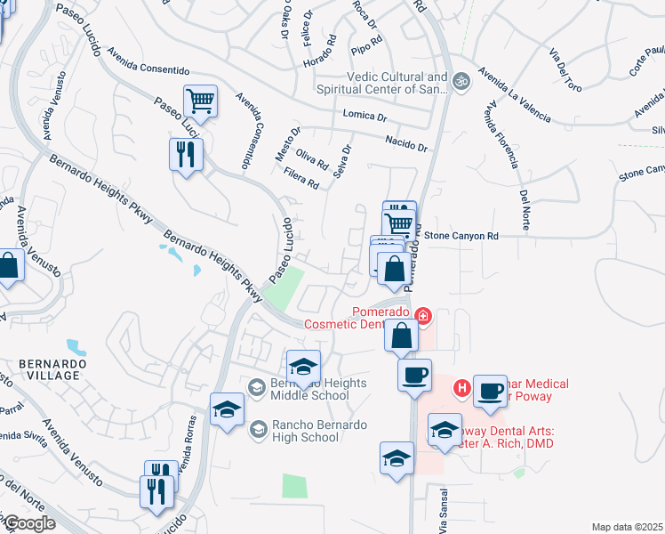 map of restaurants, bars, coffee shops, grocery stores, and more near 12582 Calle Tamega in San Diego