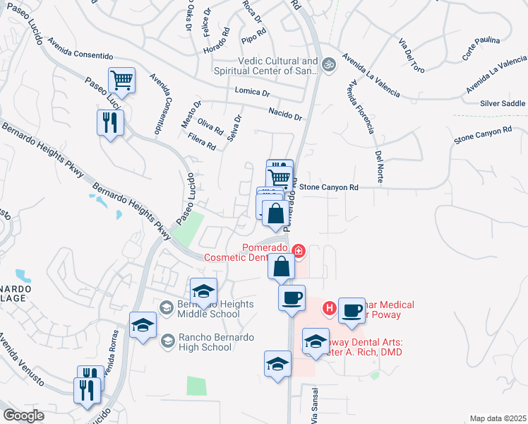 map of restaurants, bars, coffee shops, grocery stores, and more near 15927 Avenida Lamego in San Diego